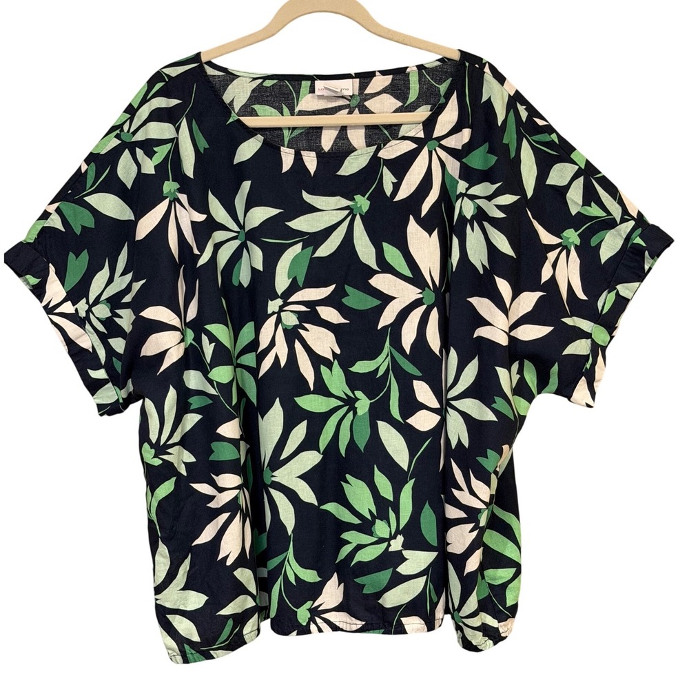 Lane Bryant Navy Green Floral Linen Blend Top 18/20 Short Sleeve Boxy Blouse - Picture 2 of 5